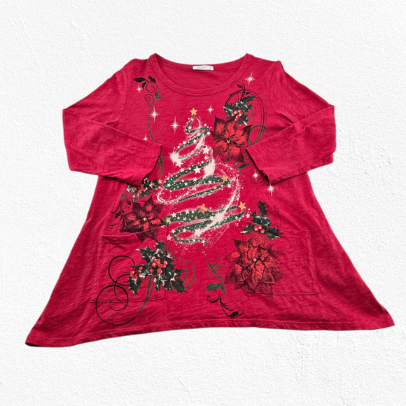 Jess & Jane Red Christmas Tree Poinsettia Graphic A-Line Tunic Top Size Medium - Picture 2 of 8